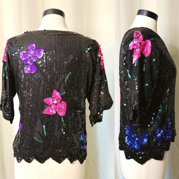VTG 80s Petite Illustrations 100% Silk Sequin Glitter Floral Top - Picture 4 of 6